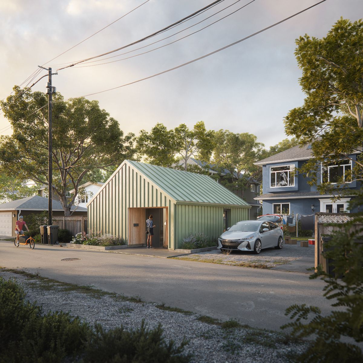 The 3D rendering shows a home with a gabled roof, painted in a soft green color with vertical metal siding. The entrance is  framed by a wooden accent.